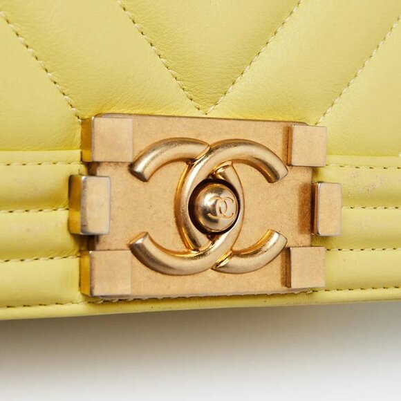 Chanel Yellow Chevron Quilted Lambskin Leather Small Boy Bag - Picture 6 of 9